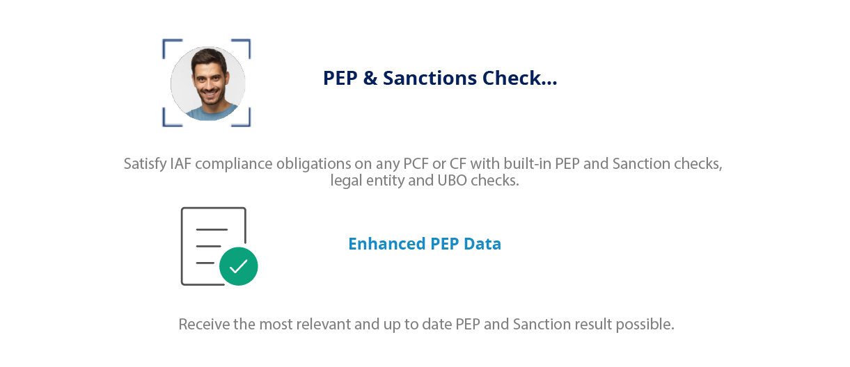 Satisfy IAF compliance obligations on any PCF or CF with built-in PEP and Sanction checks, legal entity and UBO checks.